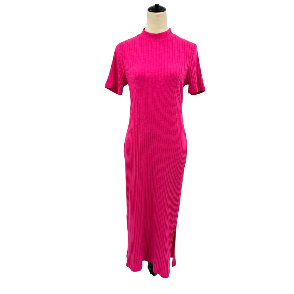 Anthropologie Court & Rowe Hot Pink Ribbed Mock Neck Bodycon Midi Dress